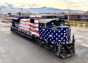 MRL 4407 with its new veterans livery, photographed at the MRL yard in Missoula.